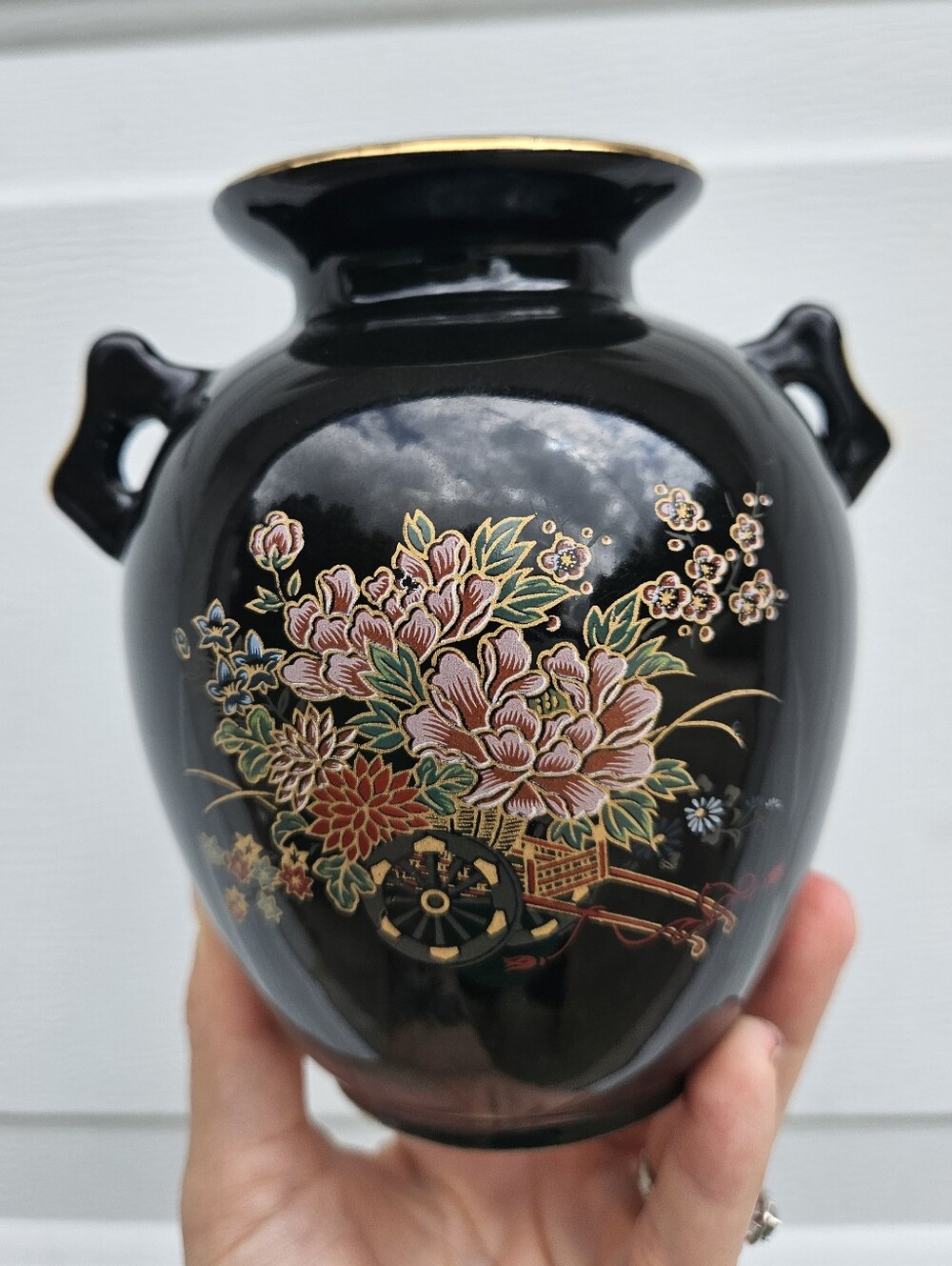 Black Floral Ceramic Vase with Gold Accents